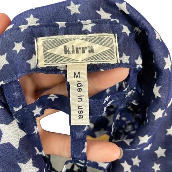 Star Print Lattice Sleeveless Blouse M Tie Waist Collared Caged Navy Blue Top - Picture 9 of 13